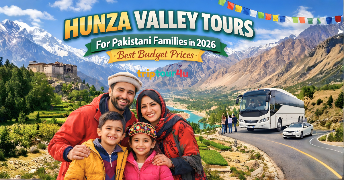 Happy Pakistani family enjoying Hunza Valley tour with mountains, Baltit Fort, and scenic river view in 2026