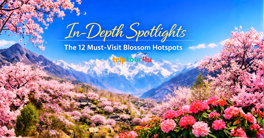 A vibrant spring landscape with pink blossom trees covering a mountain valley, snow-capped peaks in the background, and colorful flowers in the foreground, featuring the text “In-Depth Spotlights – The 12 Must-Visit Blossom Hotspots.”