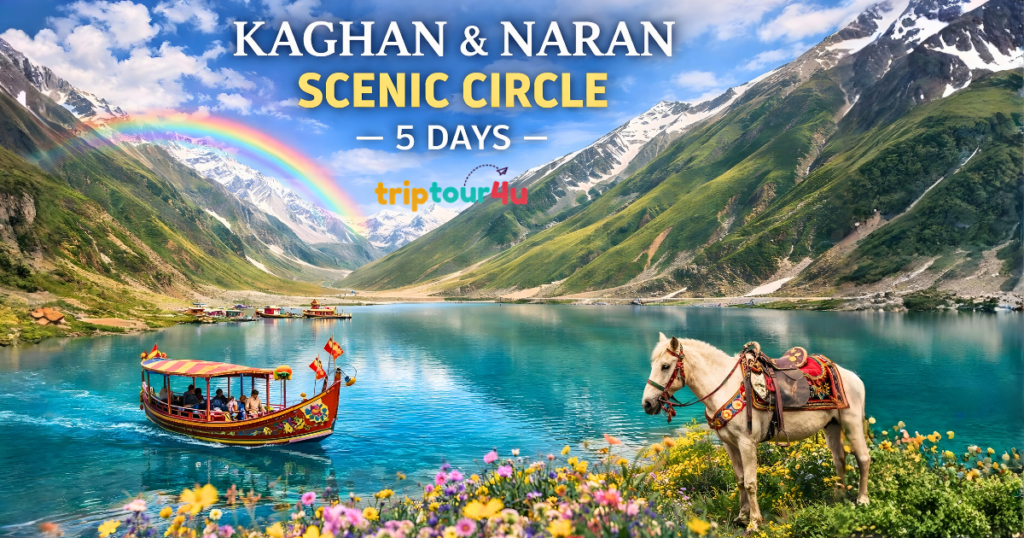 Promotional banner for a “Kaghan & Naran Scenic Circle – 5 Days” tour, showing a turquoise mountain lake surrounded by lush green valleys and snow-capped peaks, with a colorful boat carrying people on the water, a decorated white horse standing by wildflowers in the foreground, and a rainbow arching across the sky.