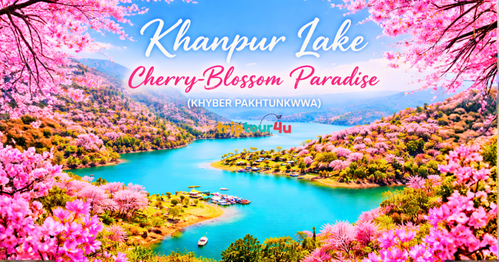 Scenic view of Khanpur Lake surrounded by pink cherry blossoms and green hills, with clear blue water and the text “Khanpur Lake – Cherry-Blossom Paradise (Khyber Pakhtunkhwa)” displayed on the image.