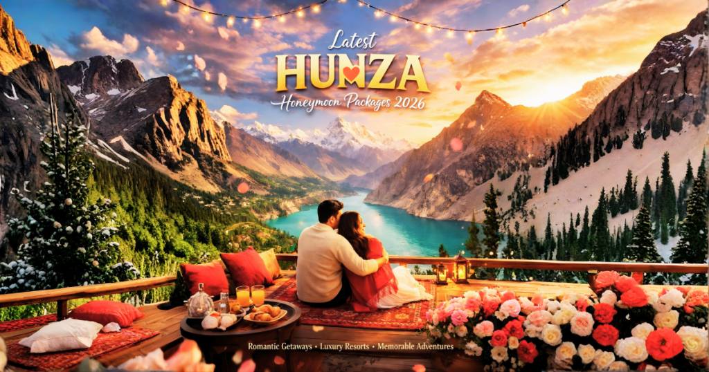 Romantic Hunza Honeymoon Packages 2026 promotional image featuring a couple sitting together on a wooden terrace overlooking the turquoise Hunza River, surrounded by snow-capped mountains at sunset, decorated with warm fairy lights, cozy cushions, lanterns, and a luxury romantic travel setup highlighting Pakistan’s Hunza Valley.