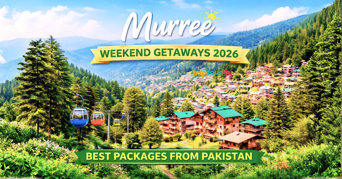 Murree Weekend Getaways 2026 featured image showing scenic hills, colorful chairlifts, and luxury hotels in northern Pakistan