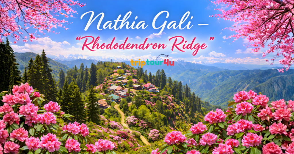 Scenic view of Nathia Gali surrounded by lush green hills and vibrant pink rhododendron flowers, with the heading “Nathia Gali – Rhododendron Ridge” displayed on the image.
