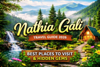 Snow-covered pine forests and misty mountains of Nathia Gali with scenic walking trails under a calm blue sky.