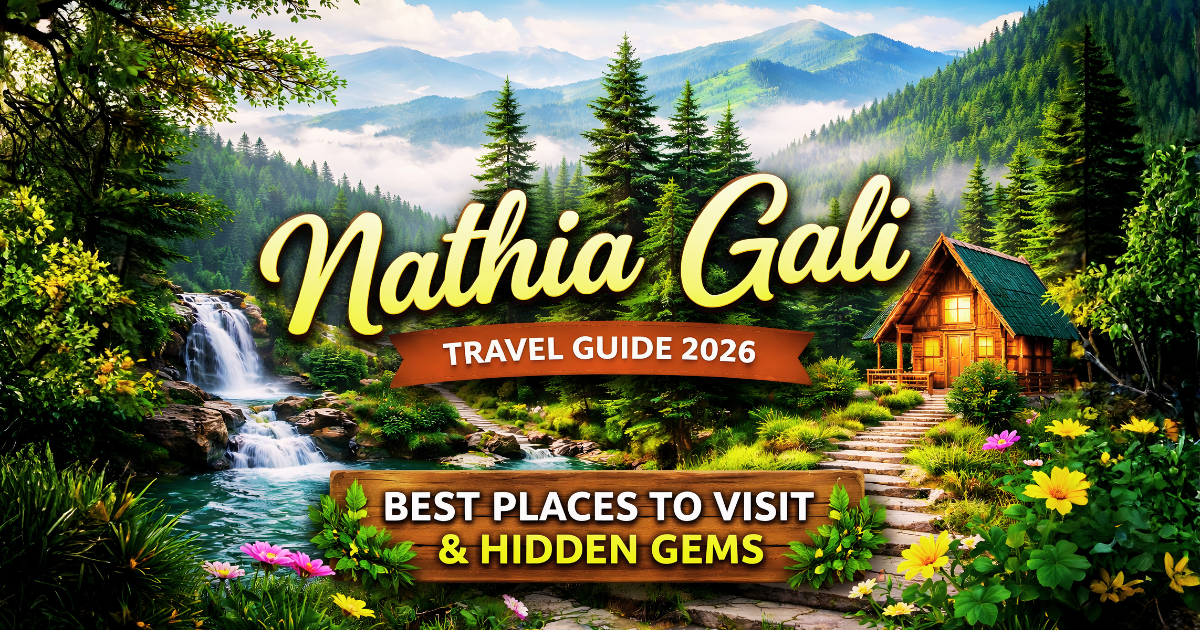 Snow-covered pine forests and misty mountains of Nathia Gali with scenic walking trails under a calm blue sky.