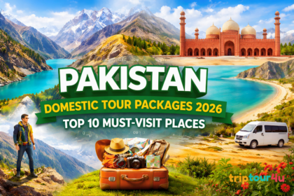 Vibrant collage of Pakistan's top destinations including Hunza Valley, Badshahi Mosque, Karakoram Range, and Gwadar, highlighting domestic tour packages 2026.