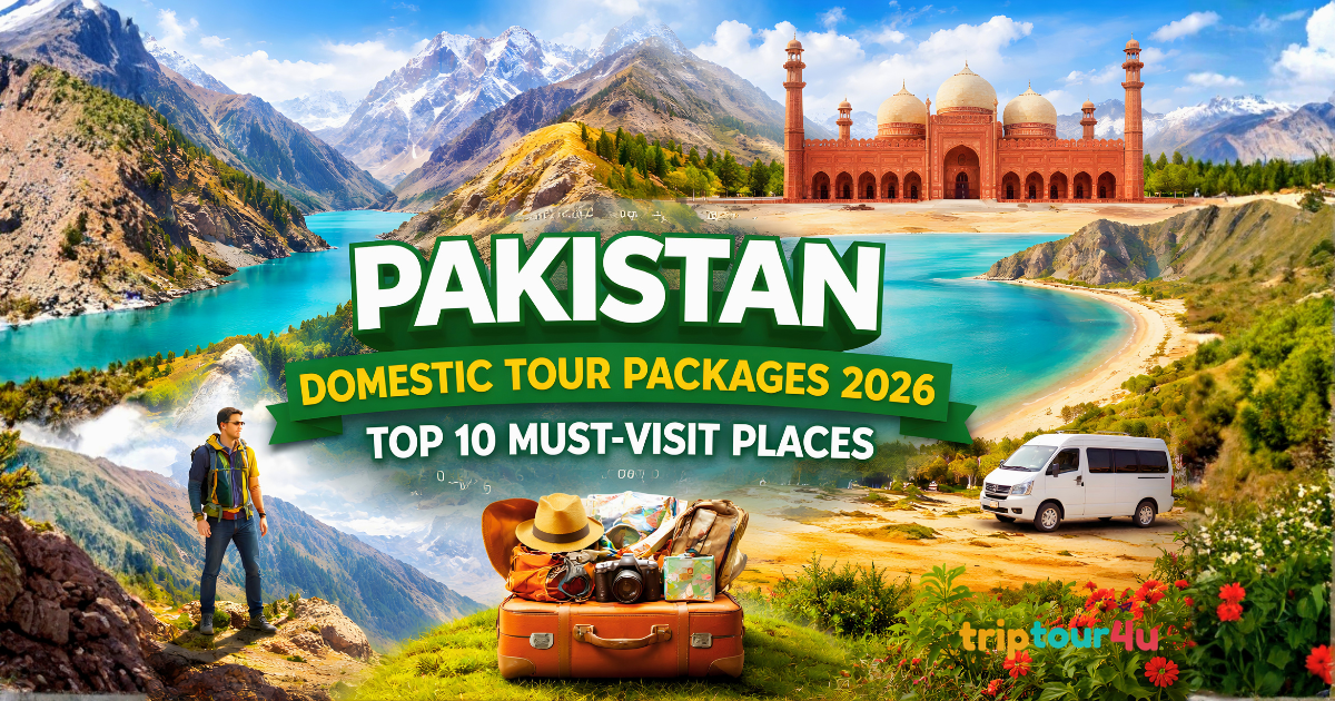 Vibrant collage of Pakistan's top destinations including Hunza Valley, Badshahi Mosque, Karakoram Range, and Gwadar, highlighting domestic tour packages 2026.