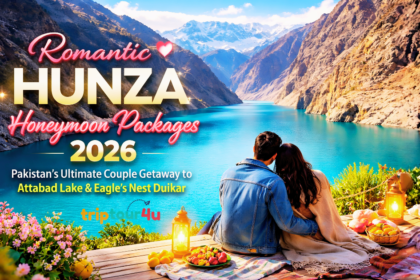 Romantic Hunza honeymoon couple enjoying scenic view of Attabad Lake with mountains and sunset at Eagle’s Nest Duikar 2026
