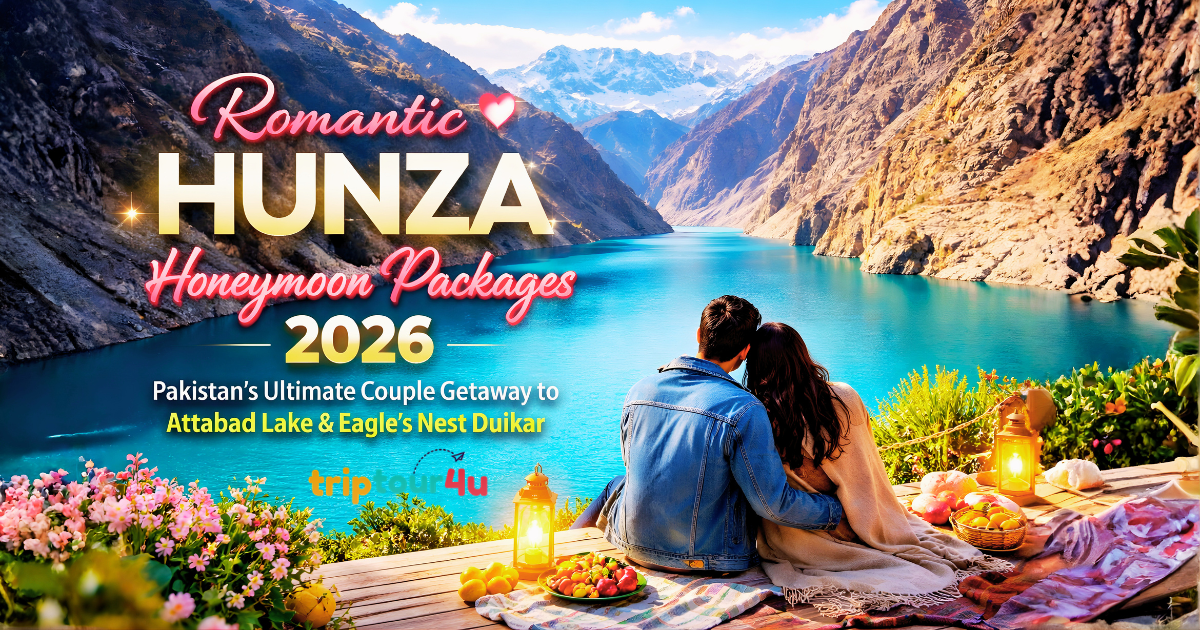 Romantic Hunza honeymoon couple enjoying scenic view of Attabad Lake with mountains and sunset at Eagle’s Nest Duikar 2026