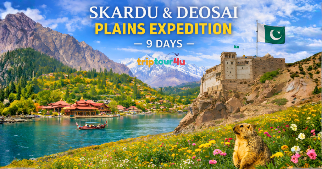 “Scenic view of Skardu and Deosai Plains featuring a turquoise lake, a traditional boat, a historic fort on a hill with the Pakistani flag, colorful wildflowers, a marmot in the foreground, and snow-capped mountains, promoting a 9-day expedition.”