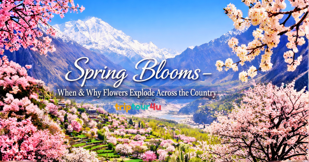 Spring blooms in a scenic Pakistani valley with cherry and apricot blossoms, terraced fields, and snow-capped mountains in the background.