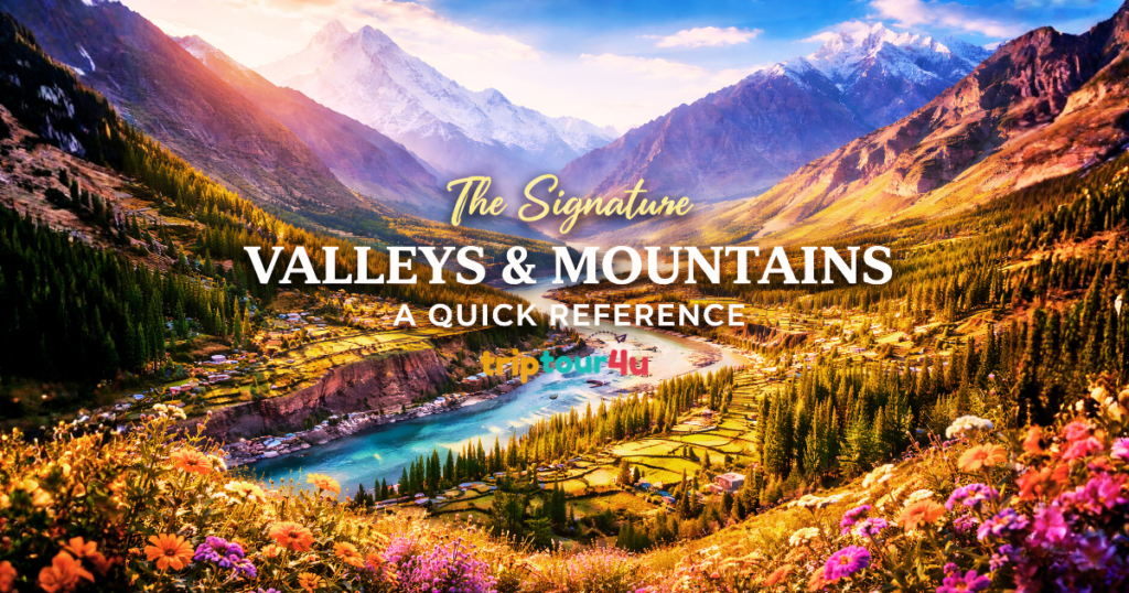 “Panoramic view of a lush mountain valley with a turquoise river, colorful wildflowers in the foreground, and snow-capped peaks under a golden sunset, titled ‘The Signature Valleys & Mountains – A Quick Reference’.”