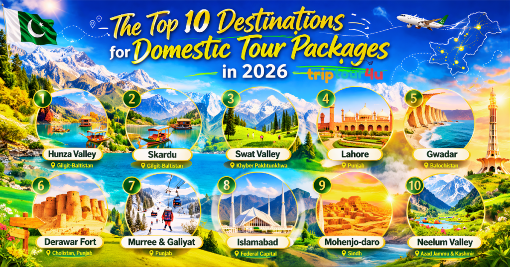 Blurred promotional banner for domestic tour packages featuring colorful travel imagery, mountains, landmarks, and the text “for Domestic Tour Packages” over a partially visible book background.