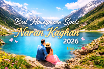 Romantic honeymoon couple at Lake Saif ul Malook in Naran Kaghan Valley 2026 with mountains and turquoise lake view