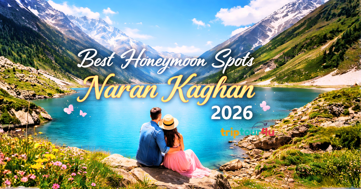 Romantic honeymoon couple at Lake Saif ul Malook in Naran Kaghan Valley 2026 with mountains and turquoise lake view