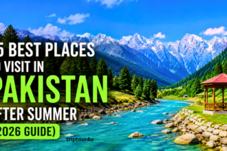 The 25 Best Places to Visit in Pakistan After Summer (2026 Travel Guide) include a scenic mountain valley with turquoise rivers and snowcapped mountains.