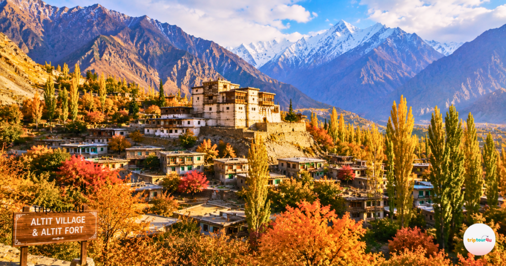 Panoramic view of Altit Village and historic Altit Fort surrounded by golden autumn trees and majestic Karakoram peaks in Hunza Valley.