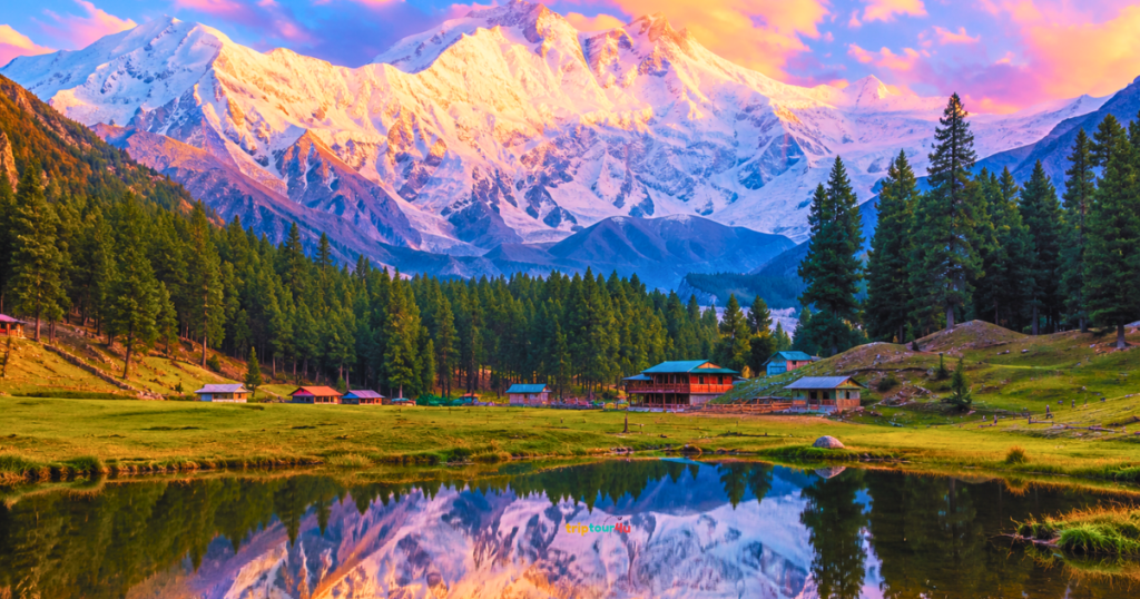 Fairy Meadows at Sunset with its lush, green grass and rustic cabins. Also, the mirror-like alpine lake, pine forests, and snow-covered Nanga Parbat are visible.