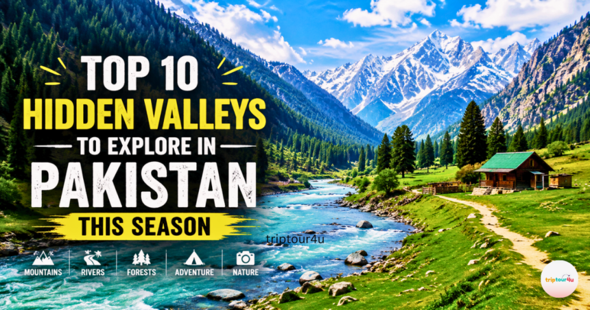 Image of Pakistan’s hidden valleys with a turquoise river in the mountains, green pastures, pine forests, and a cabin made from wood. The image is surrounded by a blue sky.