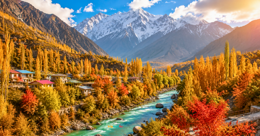 Hunza Valley, autumn, with a golden river and a traditional village in the mountains, as well as snowcapped Karakoram peaks, all under a blue sky.
