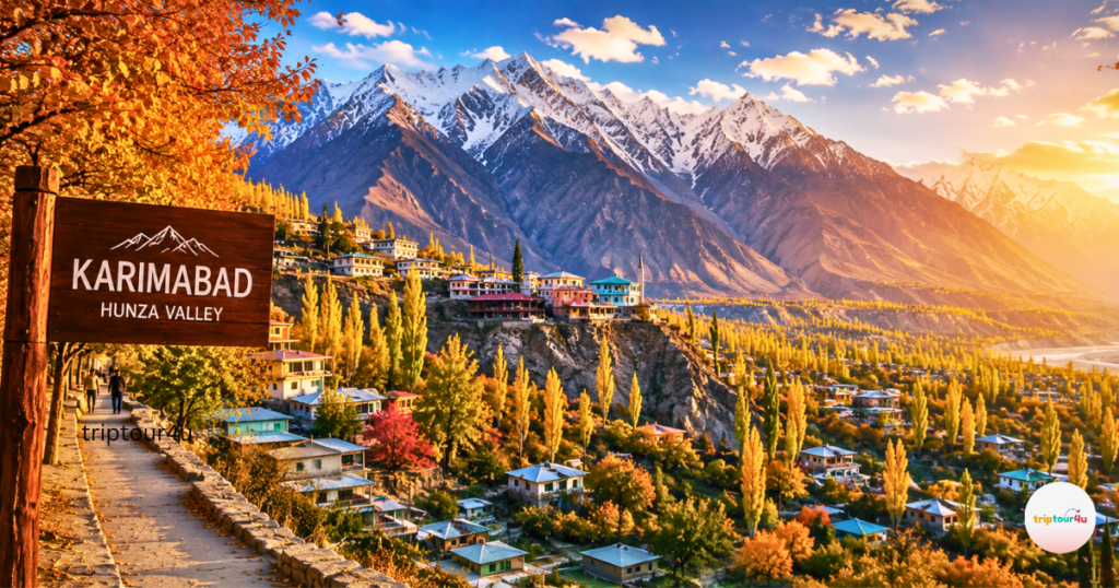 Panoramic view of Karimabad, Hunza Valley, in autumn featuring colorful trees, a mountain village, and snow-covered peaks.