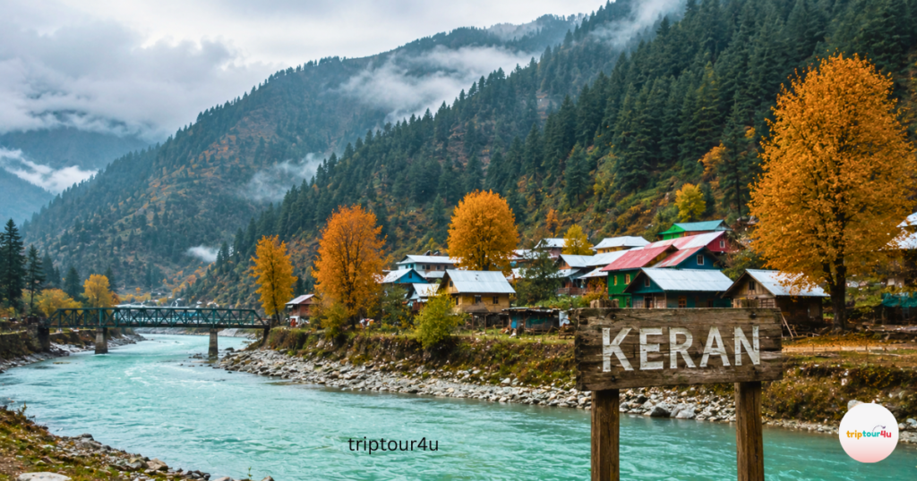 Keran Village in Neelum Valley during the autumn, with the turquoise Neelum River and colorful wooden houses. Golden trees, steel bridges, mist-covered pine mountains, Azad Kashmir.