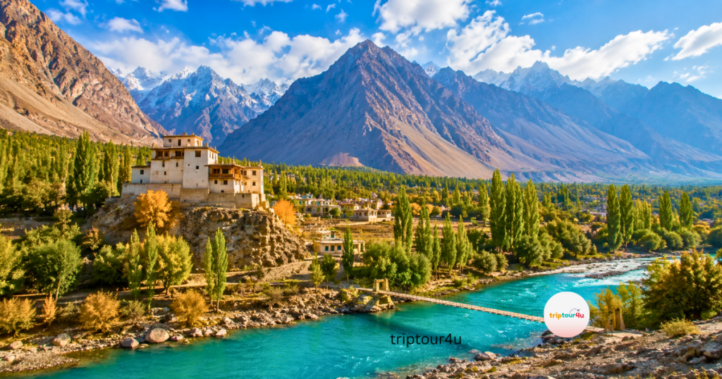 Skardu after summer travel in Khaplu Valley featuring the turquoise Shyok River, Khaplu Fort, colorful autumn poplar trees, and towering Karakoram mountains under a clear blue sky.