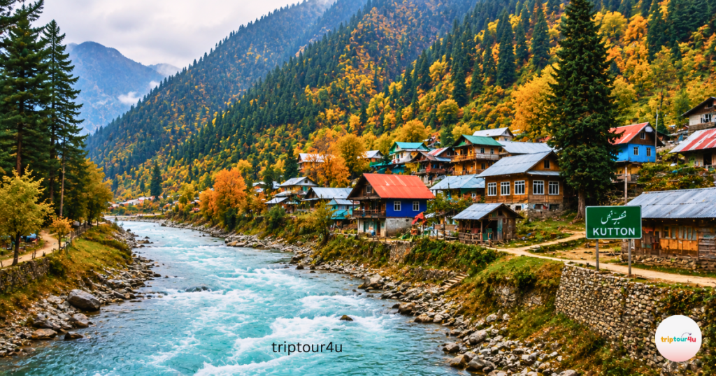 Kutton Village in Neelum Valley with its clear Jagran River and colorful wooden houses. Also, the dense pine forest, autumn-golden trees, picturesque mountains, and beautiful Azad Kashmir.