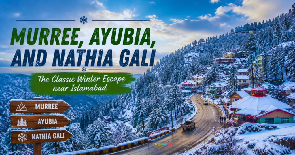 Snow-covered road winding through Murree, Ayubia, and Nathia Gali with pine forests, hilltop hotels, and scenic winter mountain views near Islamabad.