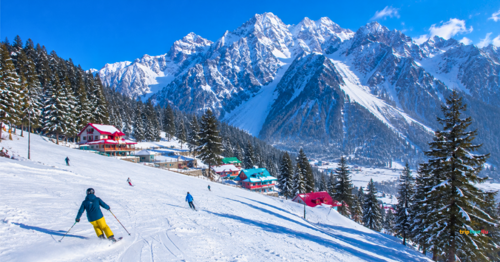 Naltar Valley ski resort in Gilgit-Baltistan with snow-covered slopes, skiers, colorful alpine lodges, pine forests, and towering Karakoram mountains under a clear blue winter sky.
