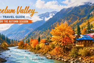 Neelum Valley in the autumn, with its crystal-clear river, golden and orange-colored trees, traditional mountain houses, and snow-capped mountain peaks, all under an azure sky in Azad Kashmir, Pakistan.