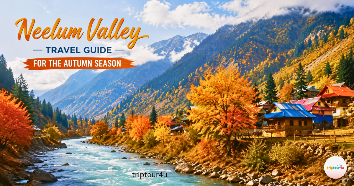 Neelum Valley in the autumn, with its crystal-clear river, golden and orange-colored trees, traditional mountain houses, and snow-capped mountain peaks, all under an azure sky in Azad Kashmir, Pakistan.