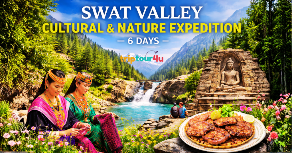 Scenic Swat Valley in Khyber Pakhtunkhwa, Pakistan, featuring lush green forests, a crystal-clear river, waterfall, Buddhist heritage site, traditional culture, and local cuisine.