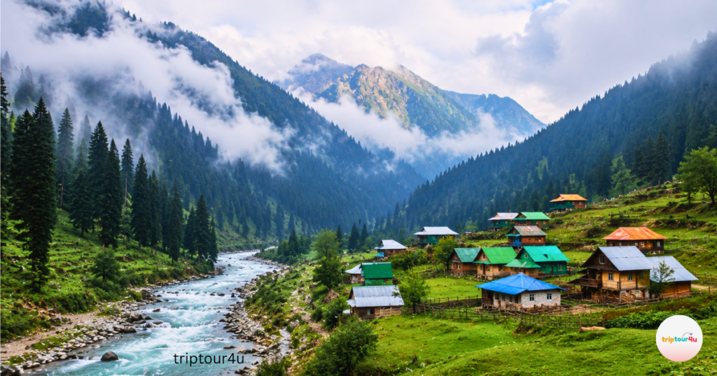 Taobat Village in Neelum Valley, with its clear Neelum River, traditional wooden houses, lush green meadows, and dense pine forests in Azad Kashmir, Pakistan.