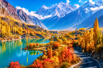 The featured image shows Pakistan's best October destinations, with golden trees in autumn, turquoise water, winding roads, snow-capped Karakoram mountains, and a blue sky.