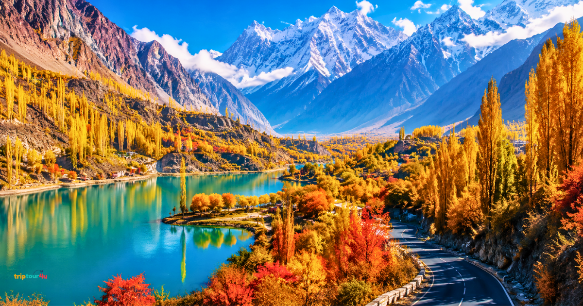 The featured image shows Pakistan's best October destinations, with golden trees in autumn, turquoise water, winding roads, snow-capped Karakoram mountains, and a blue sky.