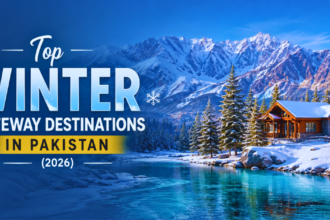 Top Winter Gateway Destinations in Pakistan 2026 featuring a snow-covered mountain lake, pine forest, and cozy wooden cabin under a clear blue winter sky.
