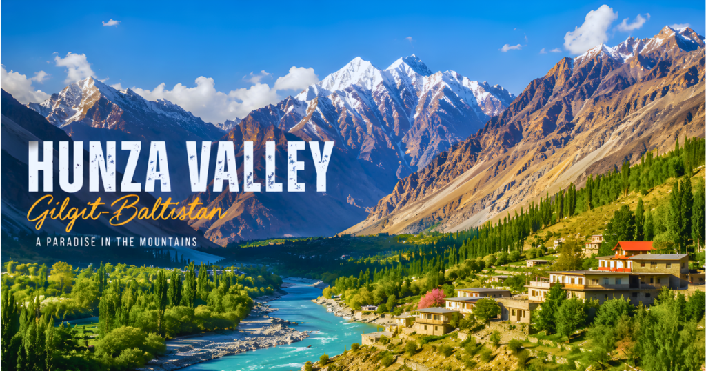 Panoramic view of Skardu Valley in Gilgit-Baltistan, Pakistan, featuring the Indus River, lush green fields, towering snow-capped mountains, and a clear blue sky.