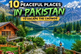Peaceful mountain valley in Pakistan with a turquoise lake, pine forests, wooden cabin, and snow-capped peaks representing peaceful places to escape the crowds.