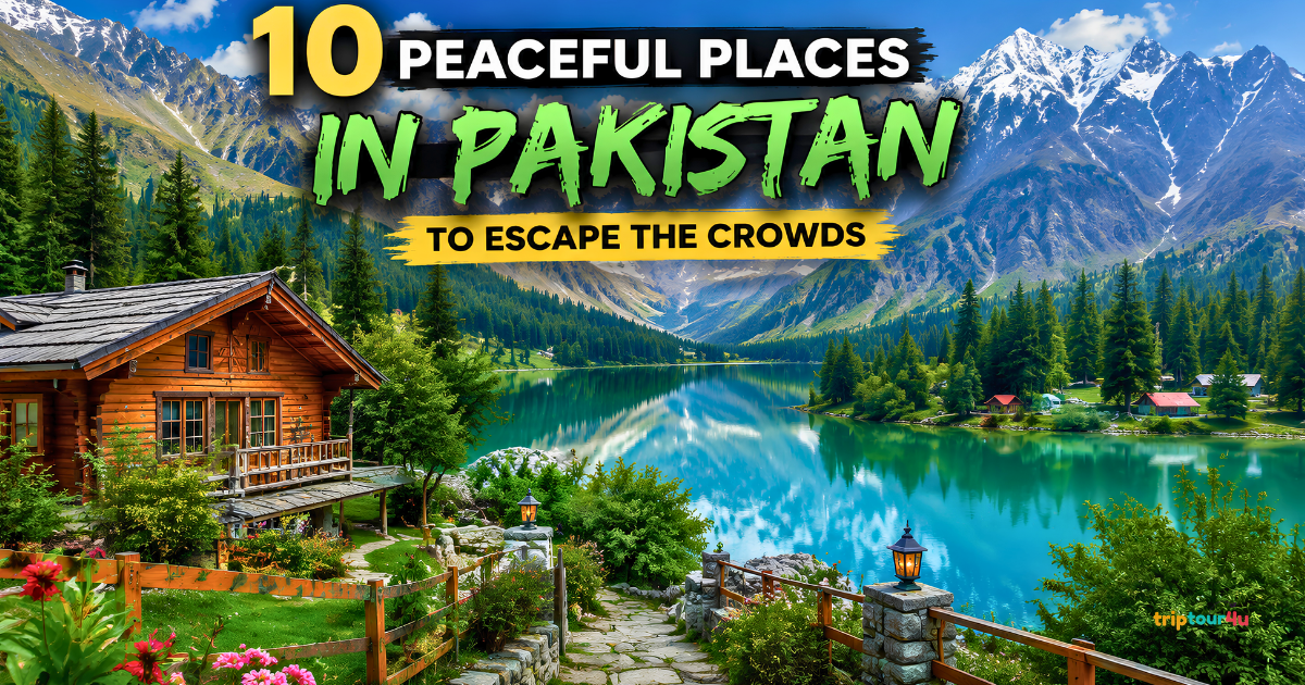 Peaceful mountain valley in Pakistan with a turquoise lake, pine forests, wooden cabin, and snow-capped peaks representing peaceful places to escape the crowds.