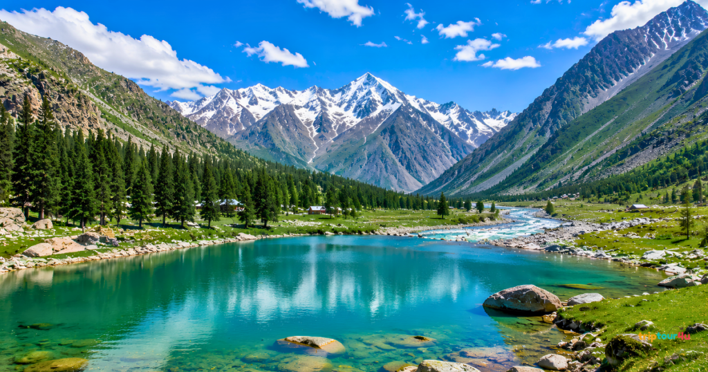 Astore Valley and Rama Lake in Gilgit-Baltistan, featuring a turquoise alpine lake, green meadows, pine forests, and snow-capped mountains.
