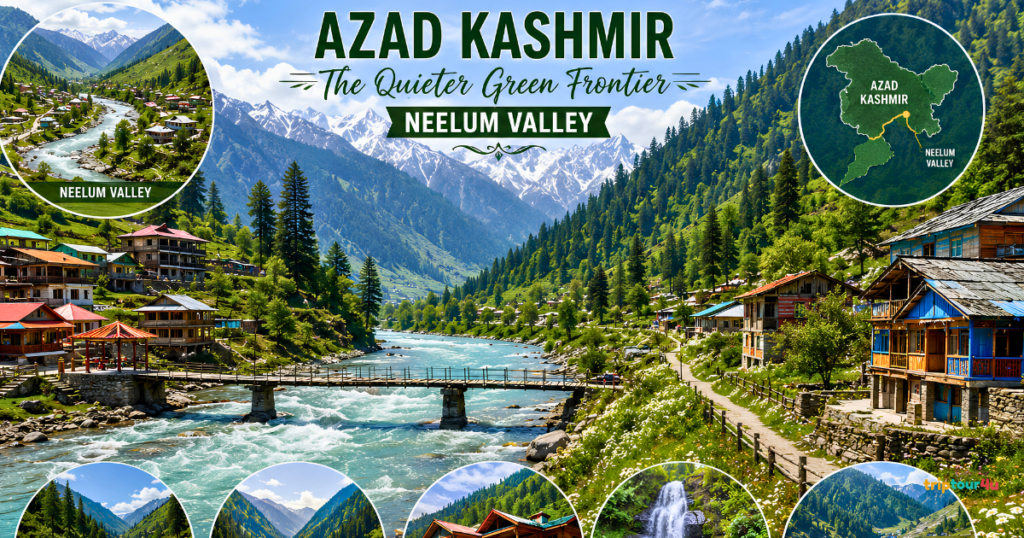 Azad Kashmir’s Neelum Valley surrounded by lush green mountains, flowing rivers, wooden bridges, traditional villages, pine forests, and scenic spots including Keran, Sharda, Athmuqam, Chattan Waterfall, and Ratti Gali Lake.