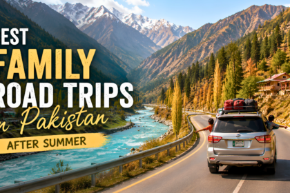 Family road trip in Northern Pakistan with an SUV driving beside a turquoise river, surrounded by autumn trees, mountain villages, and snow-capped peaks.