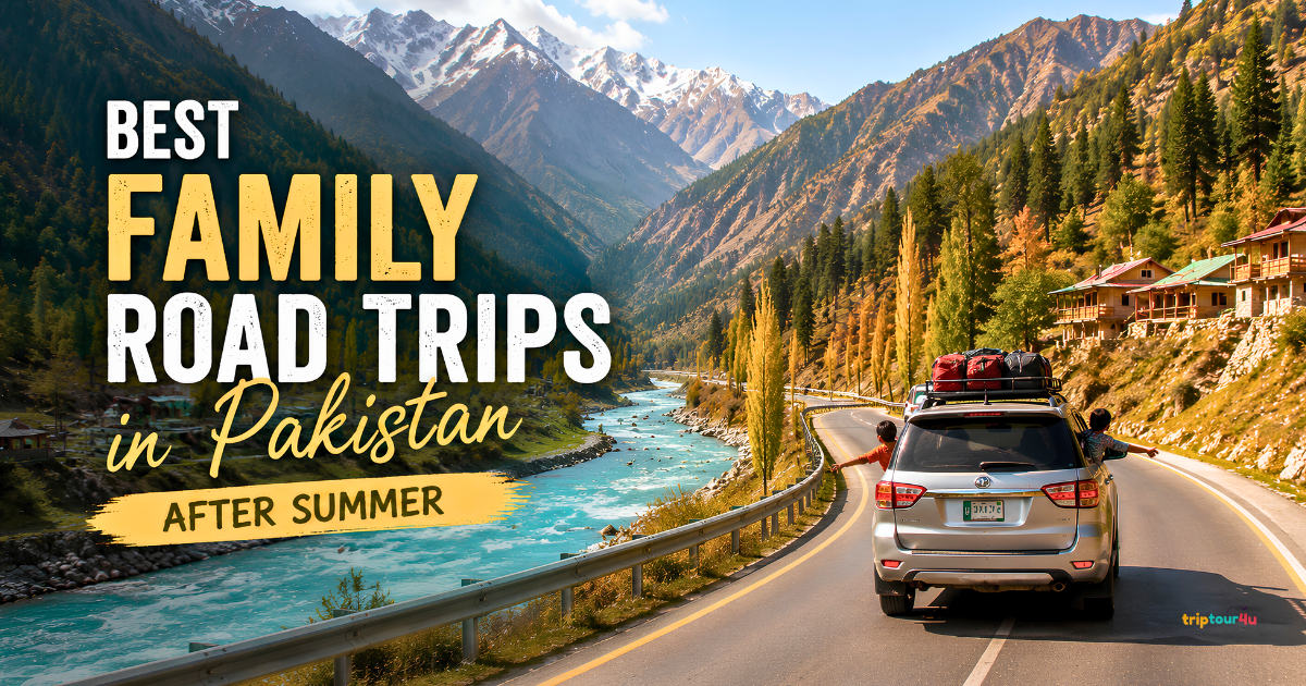 Family road trip in Northern Pakistan with an SUV driving beside a turquoise river, surrounded by autumn trees, mountain villages, and snow-capped peaks.