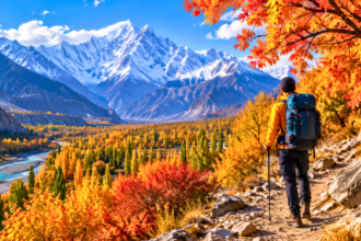 Hiker on an autumn trail overlooking golden valleys and snow-capped mountains in northern Pakistan