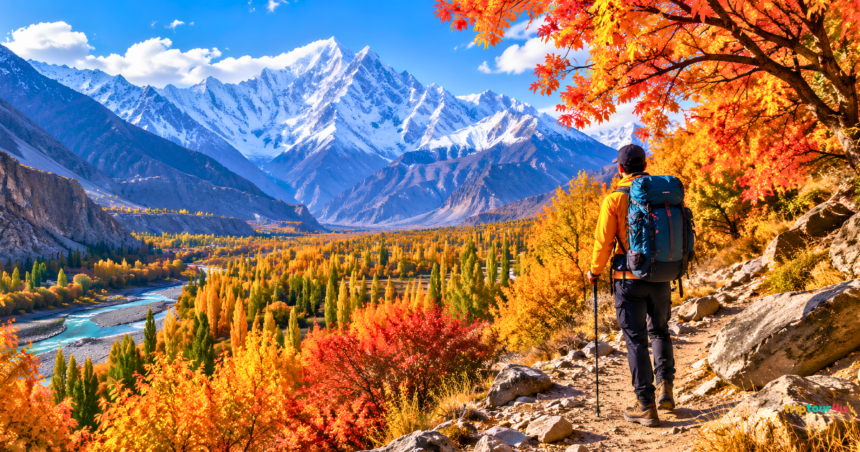Hiker on an autumn trail overlooking golden valleys and snow-capped mountains in northern Pakistan