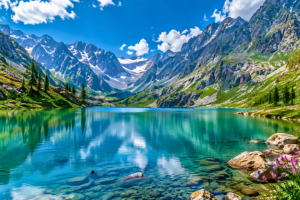 Crystal-clear alpine lake in northern Pakistan surrounded by lush green mountains and dramatic peaks after the monsoon season.