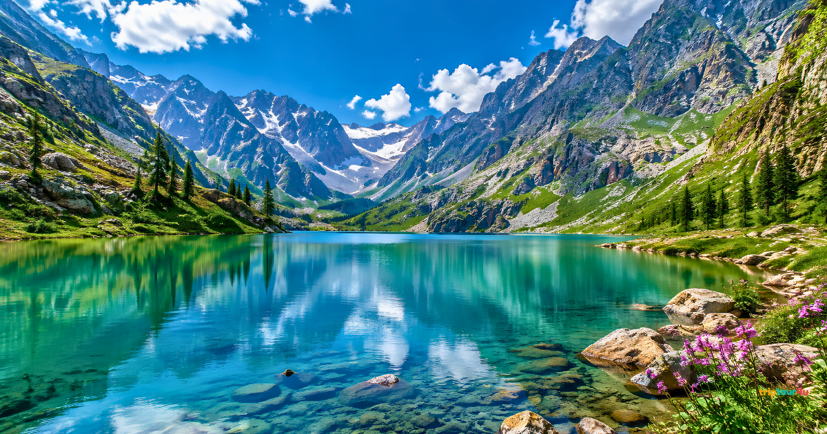 Crystal-clear alpine lake in northern Pakistan surrounded by lush green mountains and dramatic peaks after the monsoon season.