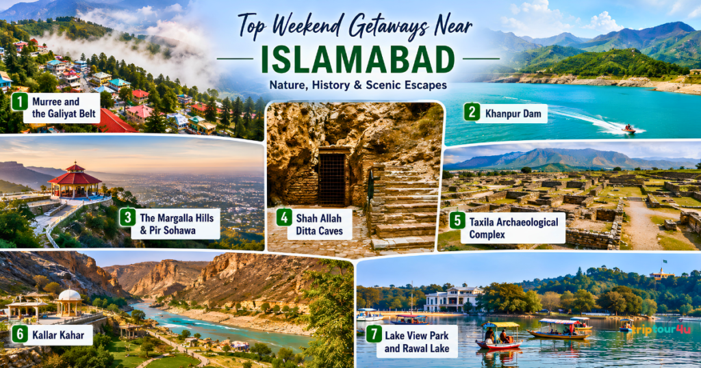 Top weekend getaways near Islamabad featuring Murree and Galiyat, Khanpur Dam, Margalla Hills and Pir Sohawa, Shah Allah Ditta Caves, Taxila Archaeological Complex, Kallar Kahar, and Lake View Park with Rawal Lake.