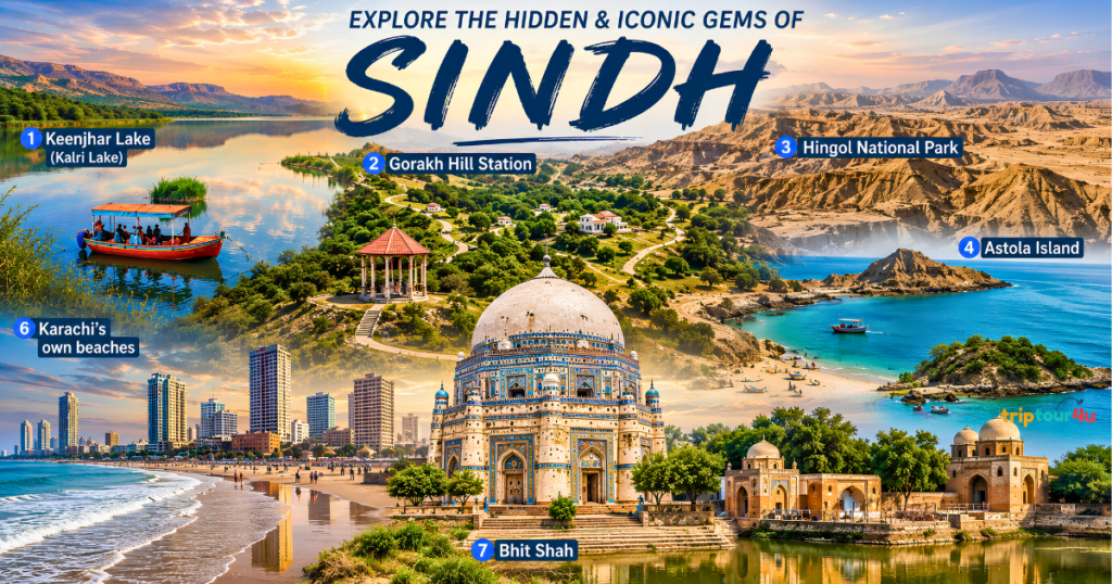 Sindh, Pakistan travel collage featuring Keenjhar Lake, Gorakh Hill Station, Hingol National Park, Astola Island, Karachi beaches, and Bhit Shah.